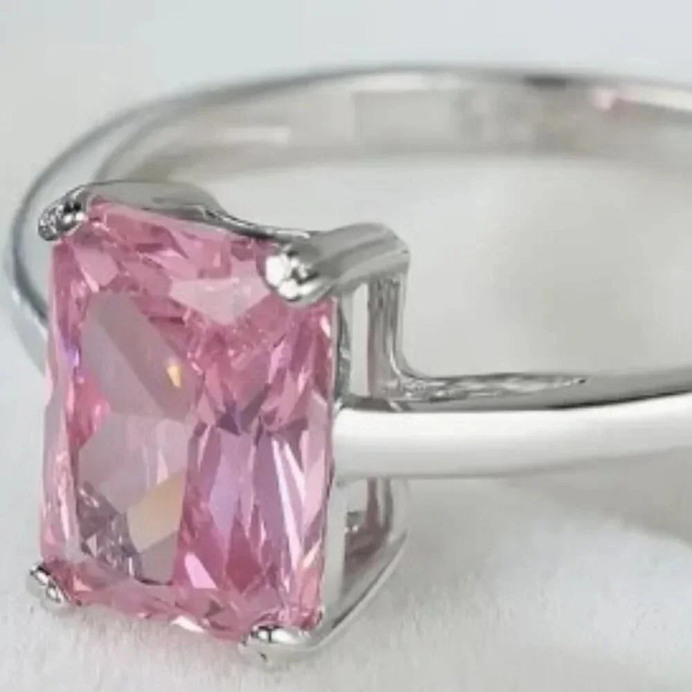 925 Sterling Silver Statement Ring With a Square Cut Pink Zirconia Stone Size 9